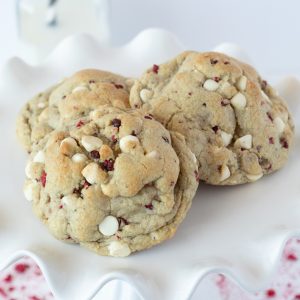 Raspberry White Chocolate Chip, sweet white chocolate chips, surprising pop of fresh raspberry flavor, buttery cookie