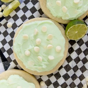 Key Lime White Chocolate, Thick sugar cookie topped with fresh key lime frosting and white chocolate chips