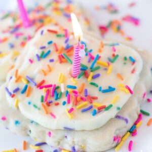 Birthday Cake Cookie, Festive sugar cookie with sprinkles baked in, topped in cake batter frosting and even more sprinkles!