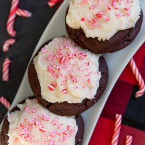 Dark Chocolate Peppermint, Huge dark chocolate cookie topped in peppermint frosting and sprinkled with crushed candy cane