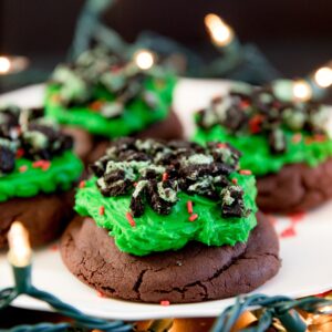 Grinch Cookie, Christmas cookie, Christmas treat, Perfect festive treat, Dark chocolate cookie base topped with mint frosting, crushed mint oreos, and sprinkles