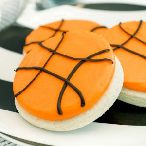 Game day treats, Basketball Cookie, Thick, buttery sugar cookie, topped with rich buttercream frosting