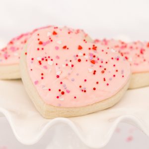 Thick, buttery sugar cookie, topped with rich buttercream frosting, Valentine's Day