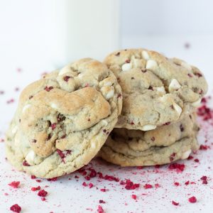 sweet white chocolate chips, surprising pop of fresh raspberry flavor, buttery cookie, uncommonly flavored